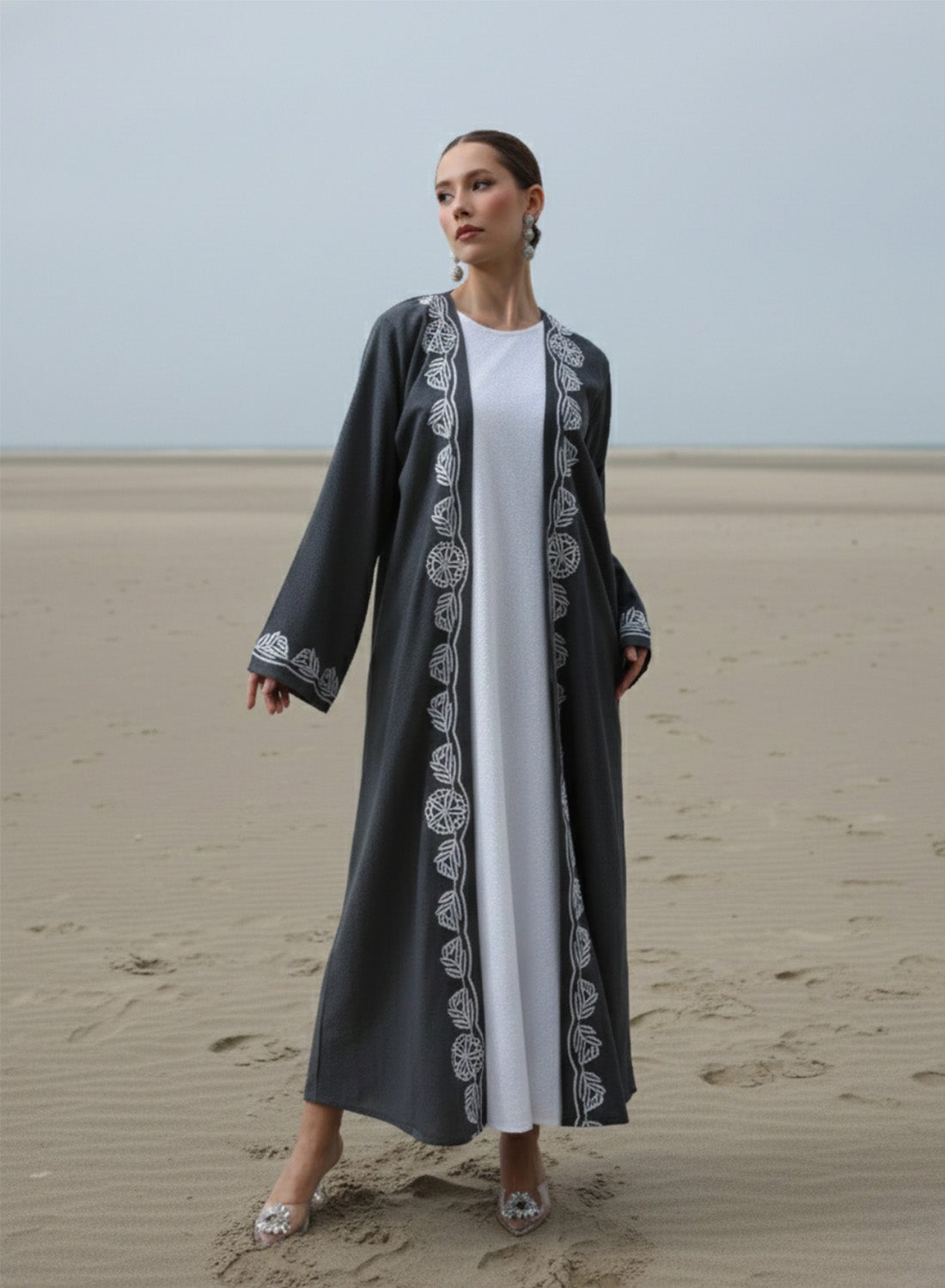 ISHIN Grey Thread Embroidered Layered Abaya with Hijab